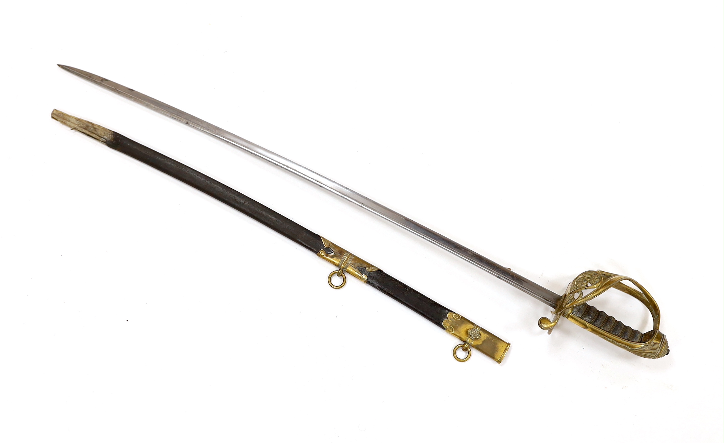 A William IV infantry officer’s sword, in a leather scabbard, blade 72.5cm